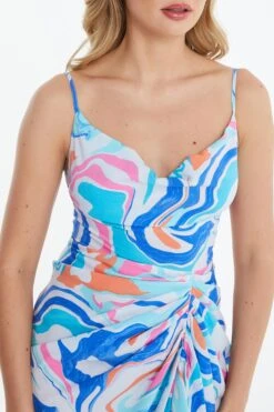 Multicolored Marble Print Ruched Midi Dress -Glamourista 00100038204 ZS