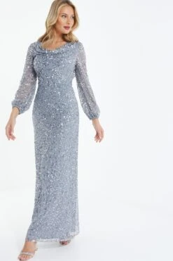 Grey Sequin Long Sleeve Maxi Dress -Glamourista 00100038237 XB