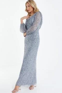Grey Sequin Long Sleeve Maxi Dress -Glamourista 00100038237 XS