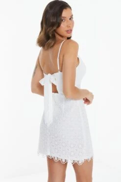 White Embroidered Tie Back Mini Dress -Glamourista 00100038243 XB