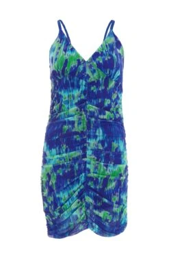 Blue Tie Dye Ruched Bodycon Mini Dress