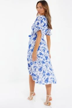 White Floral Wrap Dip Hem Midi Dress -Glamourista 00100038245 XB