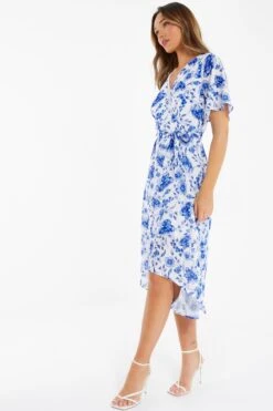 White Floral Wrap Dip Hem Midi Dress -Glamourista 00100038245 XS