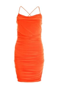 Orange Ruched Bodycon Mini Dress