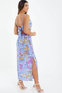Petite Blue Animal Print Split Midaxi Dress -Glamourista 00100038275 XB