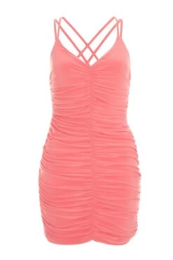 Coral Ruched Bodycon Mini Dress