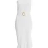 White Asymmetric Frill Bodycon Midi Dress