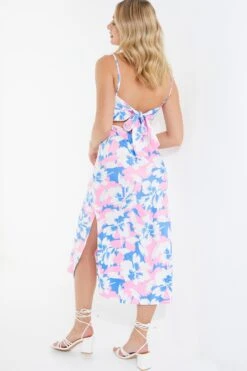 Blue Floral Satin Tie Back Midi Dress -Glamourista 00100038338 XB