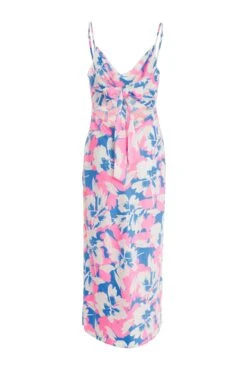 Blue Floral Satin Tie Back Midi Dress -Glamourista 00100038338 ZB