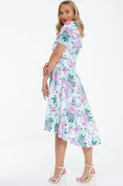 White Floral Puff Sleeve Midi Dress -Glamourista 00100038342 XB