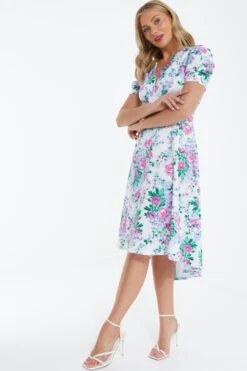 White Floral Puff Sleeve Midi Dress -Glamourista 00100038342 XS