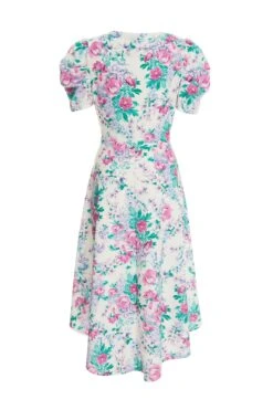 White Floral Puff Sleeve Midi Dress -Glamourista 00100038342 ZB