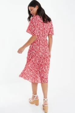 Red Ditsy Floral Tiered Midi Dress 8 Red Ditsy Floral Tiered Midi Dress -Glamourista 00100038350 XB