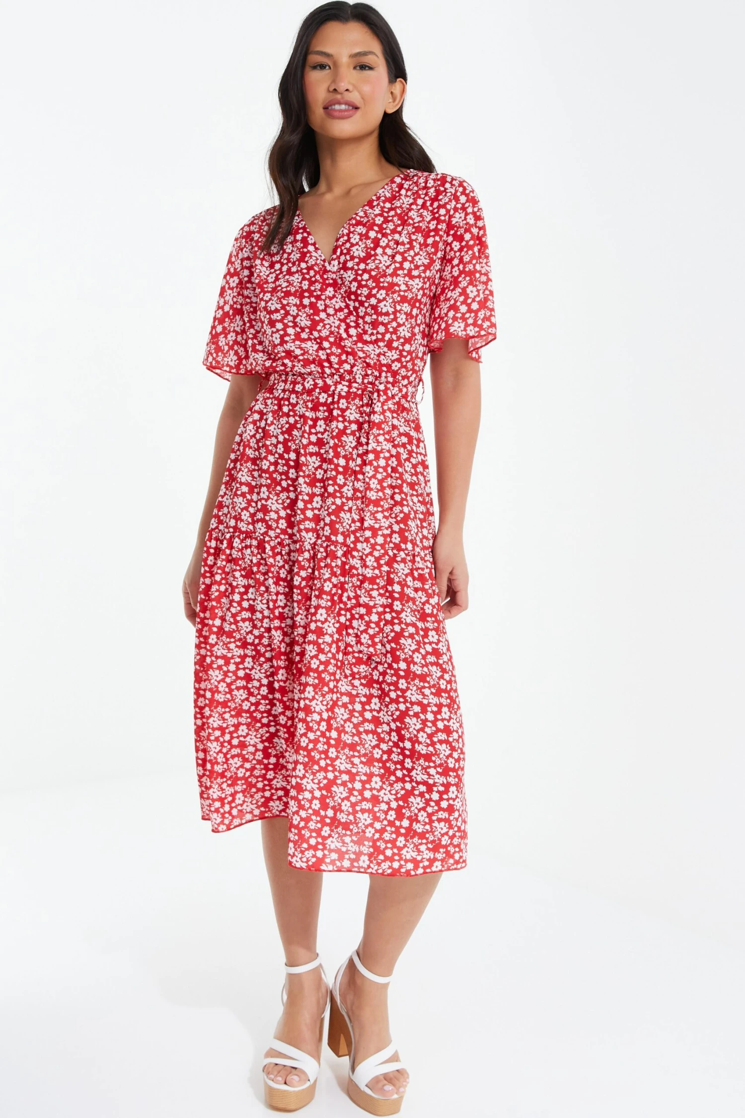 Red Ditsy Floral Tiered Midi Dress 2 Red Ditsy Floral Tiered Midi Dress - Image 2