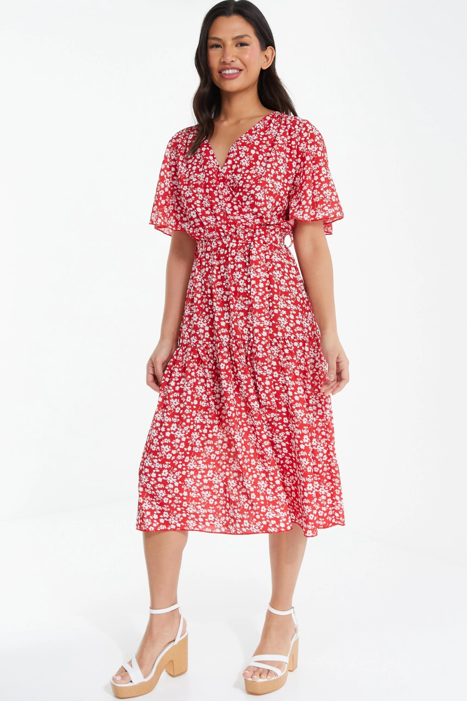 Red Ditsy Floral Tiered Midi Dress 4 Red Ditsy Floral Tiered Midi Dress - Image 4