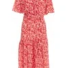 Red Ditsy Floral Tiered Midi Dress