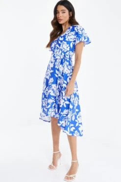 Blue Floral Wrap Dip Hem Midi Dress -Glamourista 00100038358 XS