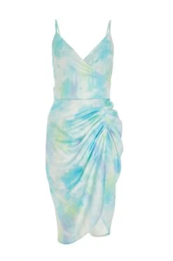 Blue Smudge Satin Wrap Midi Dress