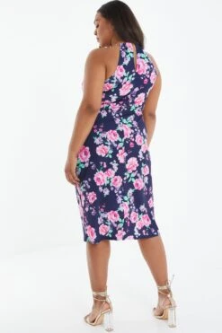 Curve Navy Floral Halter Neck Midi Dress -Glamourista 00100038383 XB
