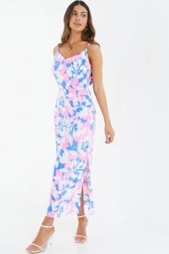Petite Blue Floral Tie Back Midi Dress -Glamourista 00100038397 XS