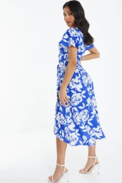 Petite Royal Blue Floral Dip Hem Midi Dress -Glamourista 00100038399 XB