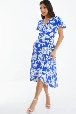 Petite Royal Blue Floral Dip Hem Midi Dress -Glamourista 00100038399 XS