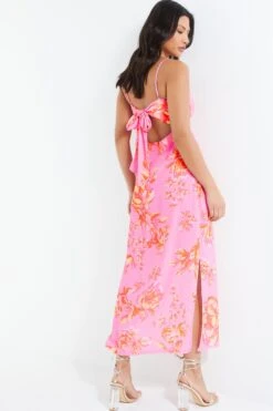 Pink Floral Print Tie Back Midi Dress 8 Pink Floral Print Tie Back Midi Dress -Glamourista 00100038433 XB