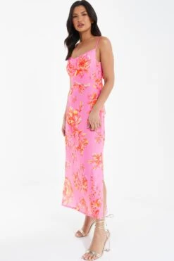 Pink Floral Print Tie Back Midi Dress 9 Pink Floral Print Tie Back Midi Dress -Glamourista 00100038433 XS