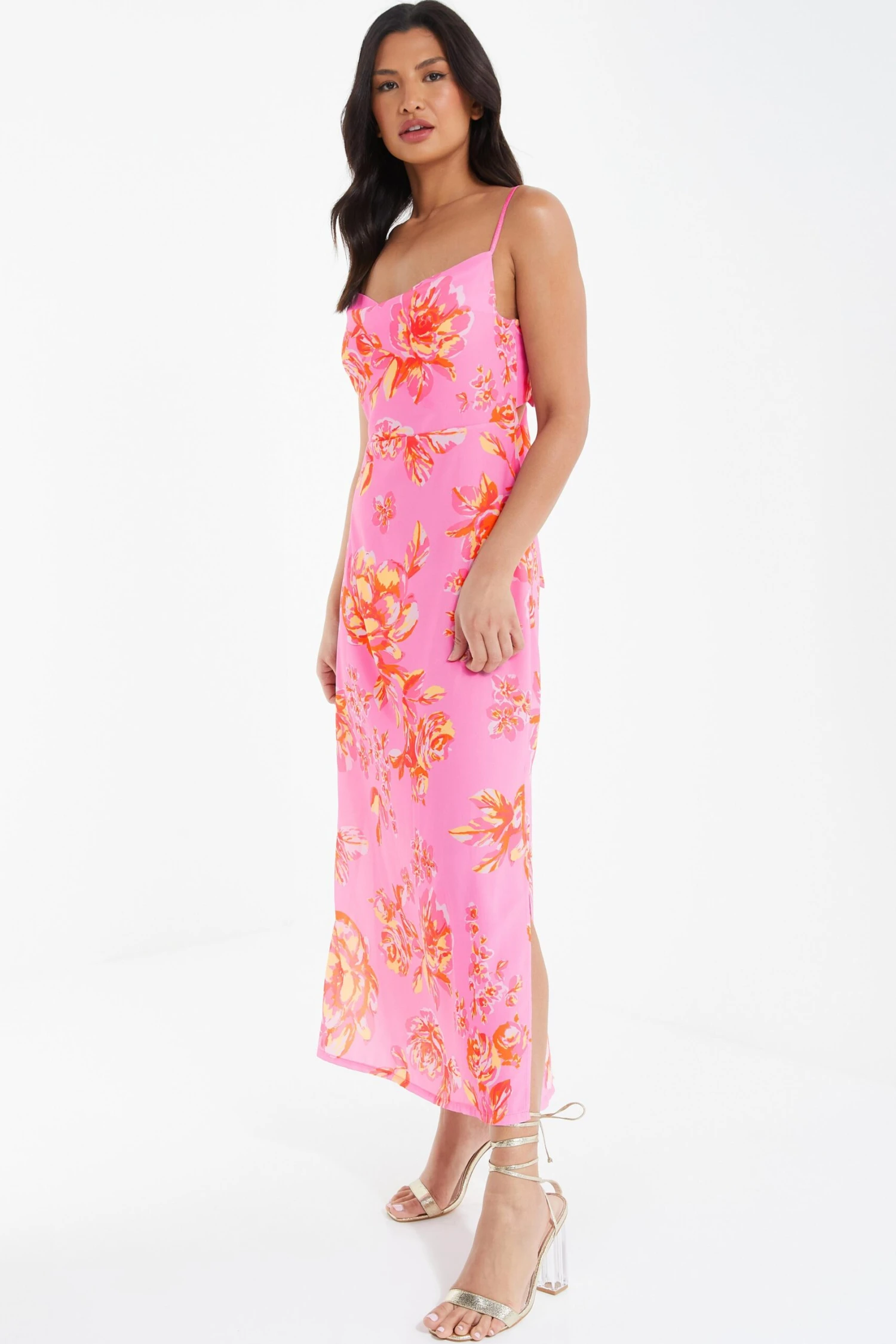 Pink Floral Print Tie Back Midi Dress 4 Pink Floral Print Tie Back Midi Dress - Image 4