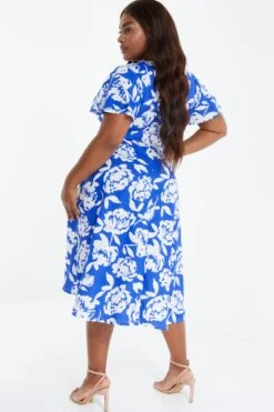 Curve Royal Blue Floral Dip Hem Midi Dress -Glamourista 00100038445 XB