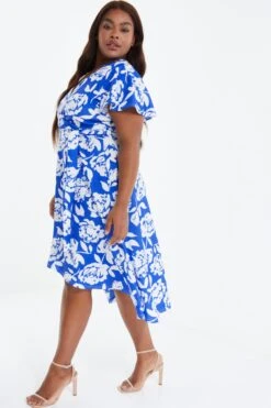 Curve Royal Blue Floral Dip Hem Midi Dress -Glamourista 00100038445 XS