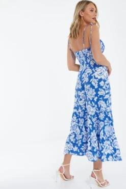 Blue Floral Strappy Midi Dress -Glamourista 00100038468 XB