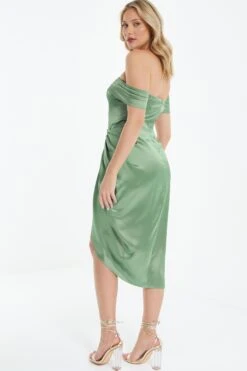 Sage Satin Ruched Bardot Midi Dress -Glamourista 00100038471 XB