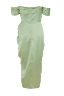 Sage Satin Ruched Bardot Midi Dress -Glamourista 00100038471 ZB