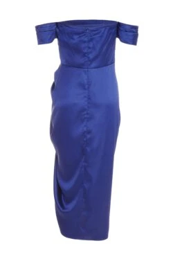 Navy Satin Ruched Bardot Midi Dress -Glamourista 00100038472 ZB