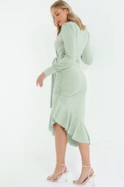 Sage Long Sleeve Frill Midi Dress -Glamourista 00100038498 XB