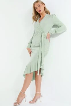 Sage Long Sleeve Frill Midi Dress -Glamourista 00100038498 XS
