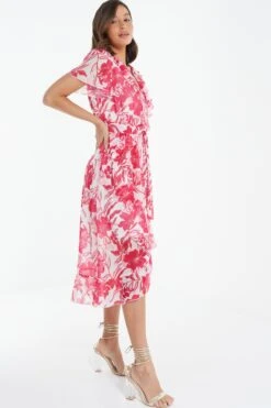 Pink Floral Frill Hem Wrap Midi Dress -Glamourista 00100038514 XS