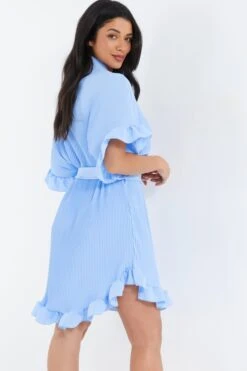 Blue Oversized Pleated Shirt Dress -Glamourista 00100038566 XB