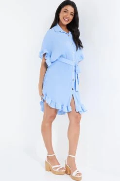 Blue Oversized Pleated Shirt Dress -Glamourista 00100038566 XS
