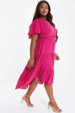 Curve Pink Wrap Tiered Dip Hem Dress -Glamourista 00100038575 XS