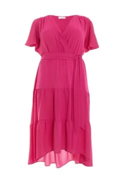 Curve Pink Wrap Tiered Dip Hem Dress