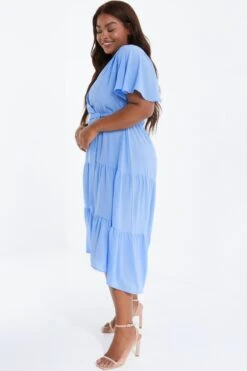 Curve Blue Wrap Tiered Dip Hem Dress -Glamourista 00100038577 XS