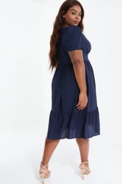 Curve Navy Tiered Puff Sleeve Midi Dress -Glamourista 00100038584 XB
