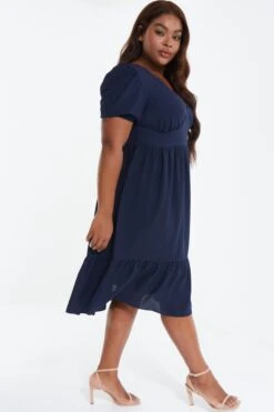 Curve Navy Tiered Puff Sleeve Midi Dress -Glamourista 00100038584 XS
