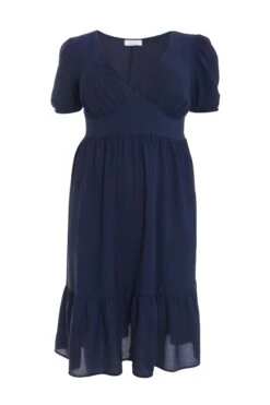 Curve Navy Tiered Puff Sleeve Midi Dress