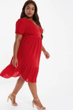 Curve Red Tiered Puff Sleeve Midi Dress -Glamourista 00100038585 XS