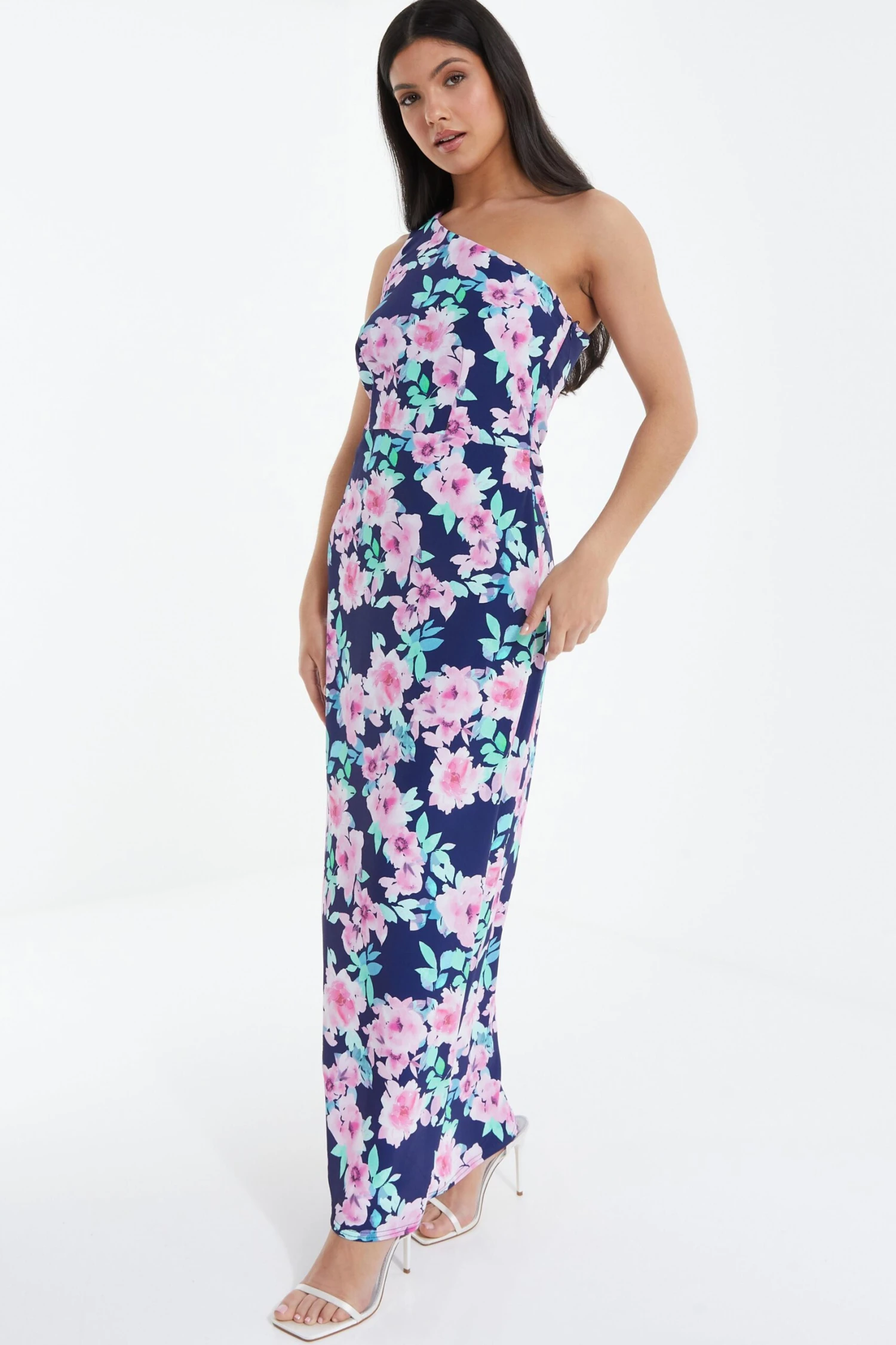 Navy Floral One Shoulder Maxi Dress 4 Navy Floral One Shoulder Maxi Dress - Image 4