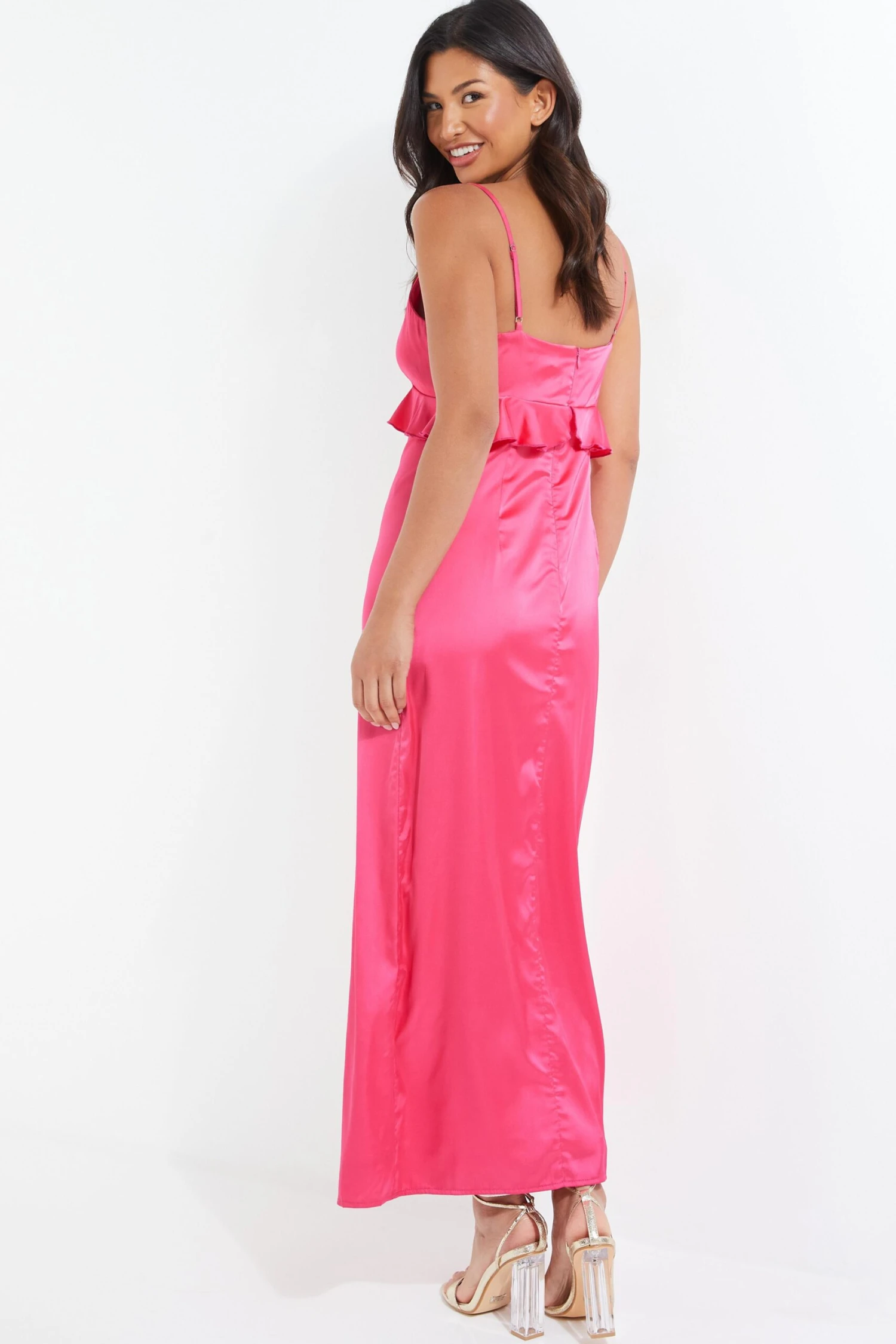 Pink Satin Frill Slip Midi Dress 3 Pink Satin Frill Slip Midi Dress - Image 3