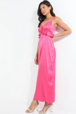 Pink Satin Frill Slip Midi Dress 9 Pink Satin Frill Slip Midi Dress -Glamourista 00100038602 XS